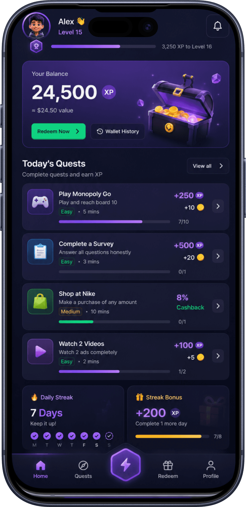 QuestX app — balance, quests, and rewards