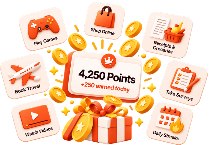 Reward tiles for playing games, shopping online, scanning receipts, taking surveys and daily streaks around a points card