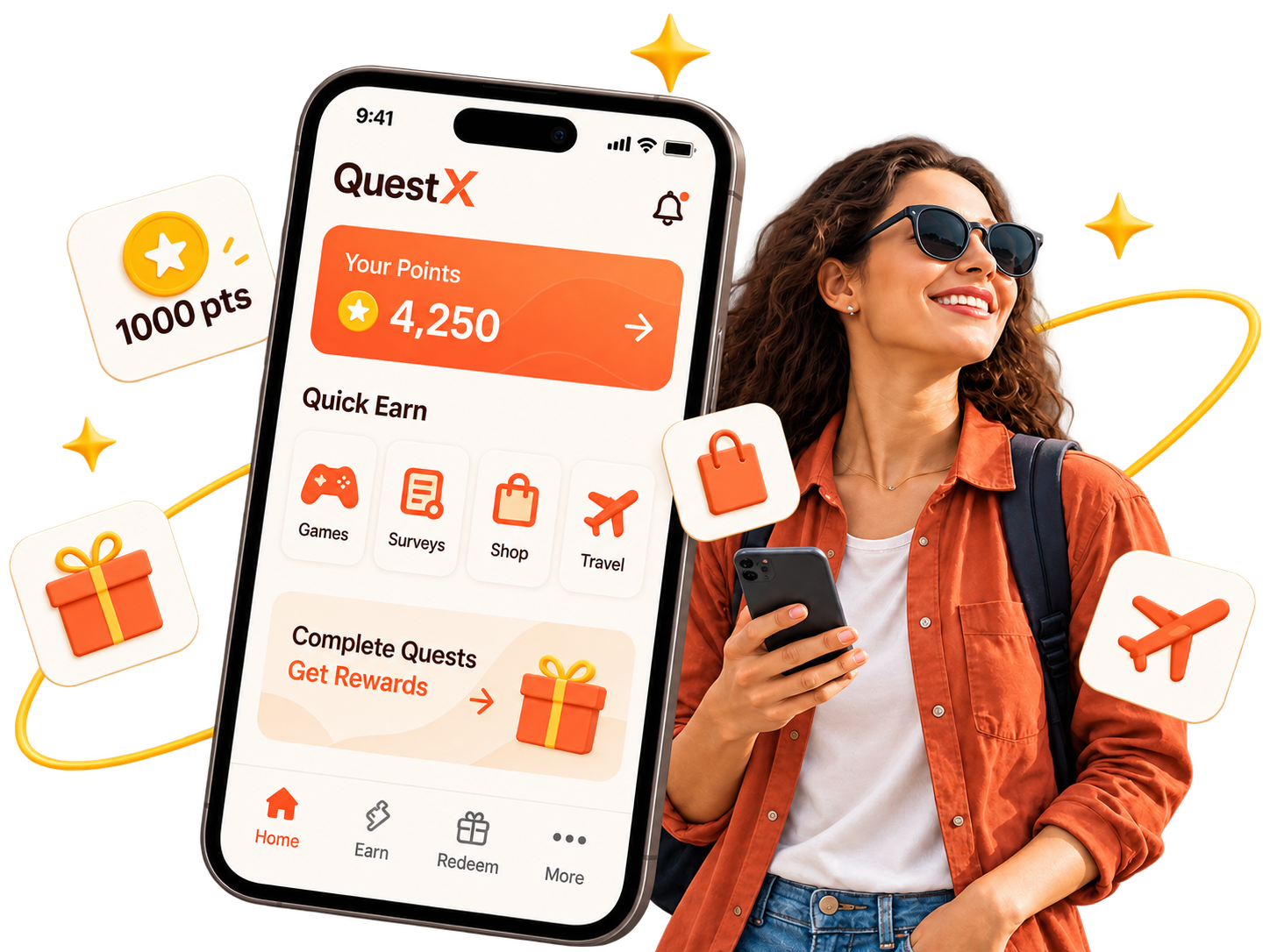 Woman holding a phone showing the QuestX app with points, quests and rewards