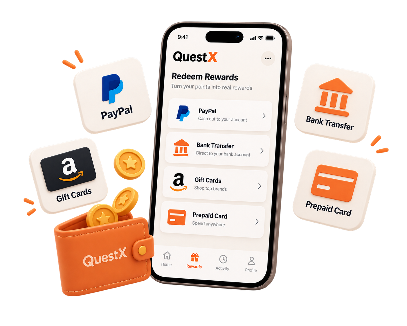 QuestX redeem screen with PayPal, bank transfer, gift cards and prepaid card reward methods