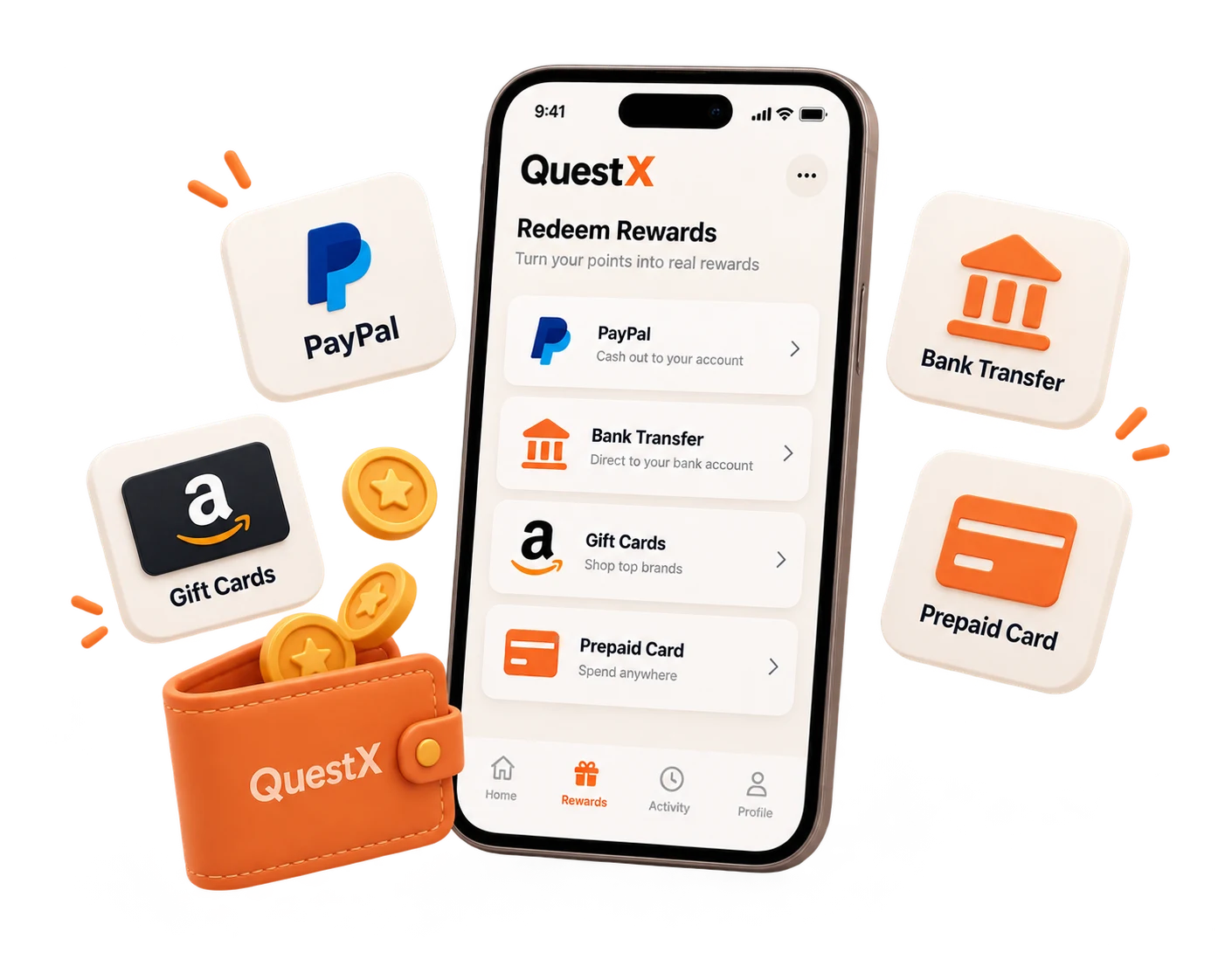 QuestX redeem screen with PayPal, bank transfer, gift cards and prepaid card reward methods