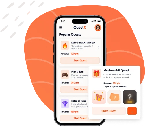 QuestX app showing popular quests like Daily Streak Challenge, Play & Earn and a Mystery Gift Quest