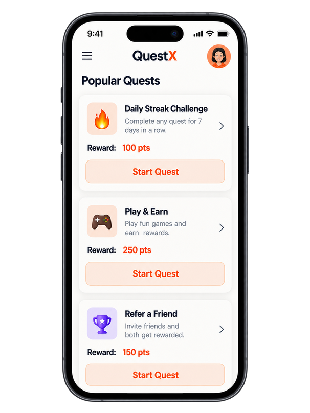 QuestX app showing popular quests like Daily Streak Challenge, Play & Earn and a Mystery Gift Quest