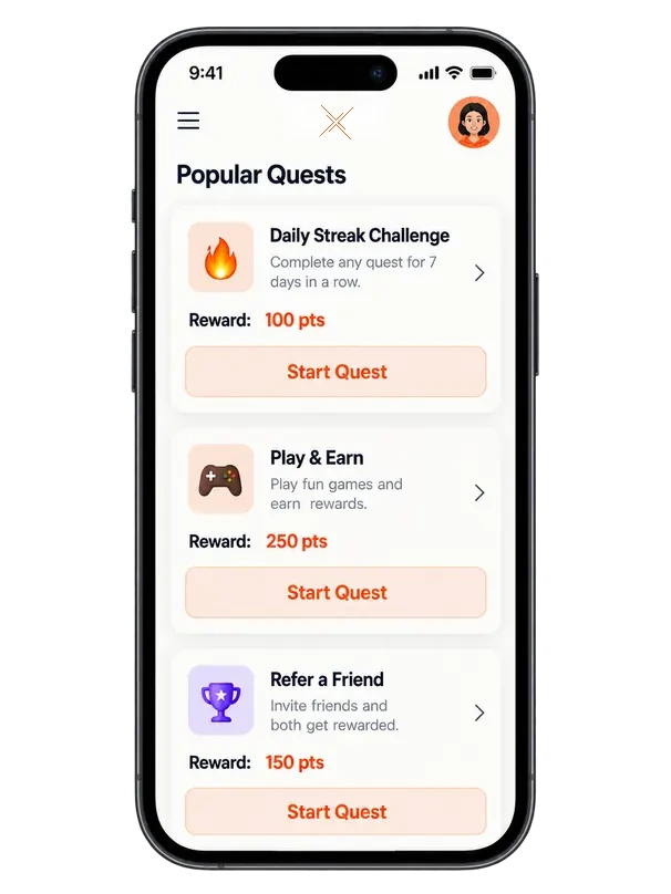 QuestX app showing popular quests like Daily Streak Challenge, Play & Earn and a Mystery Gift Quest